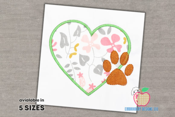 Heart with Paw Footprint Embroidery Design